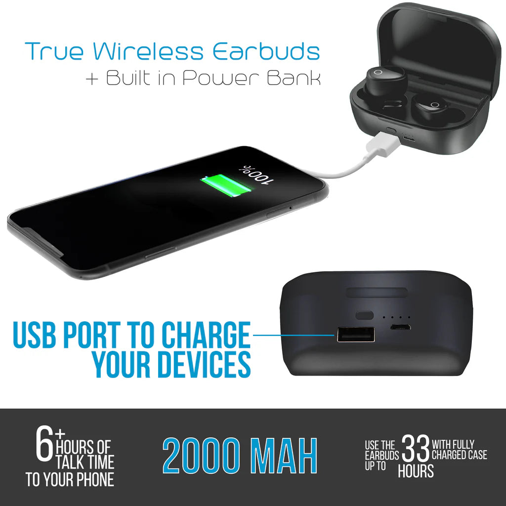 True Wireless Earbuds w/ 2,000Mah Backup Battery Charging Case